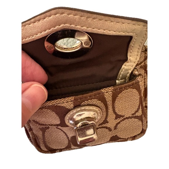Coach Signature C Canvas Leather Trim Keychain Coin Purse Mini Wallet Turn Lock - Picture 4 of 6